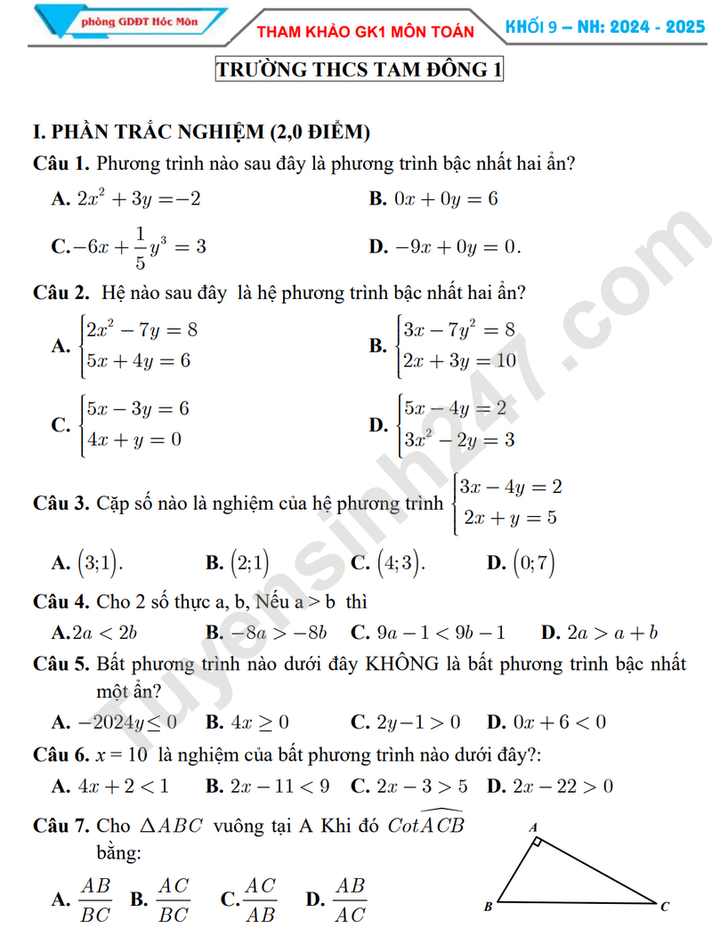 De thi giua HK1 Toan lop 9 - THCS Tam Dong 1 nam 2024 (De minh hoa)