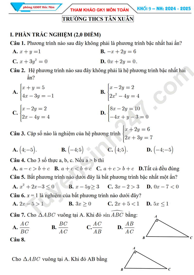 De thi giua HK1 lop 9 Toan 2024 - THCS Tan Xuan (De minh hoa)