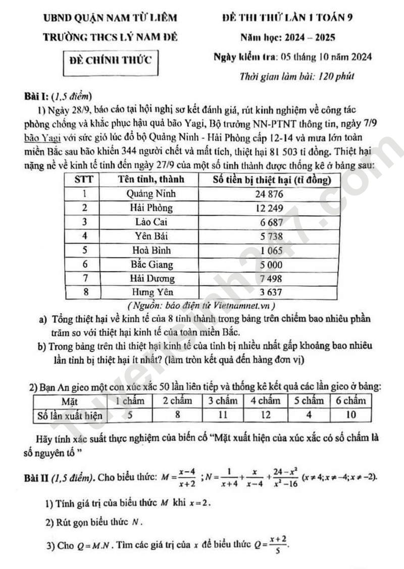 De thi thu lan 1 Toan lop 9 - THCS Ly Nam De 2024