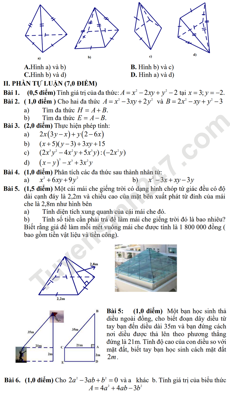 De thi giua HK1 Toan lop 8 nam 2024 - THCS Dong Thanh (De minh hoa)