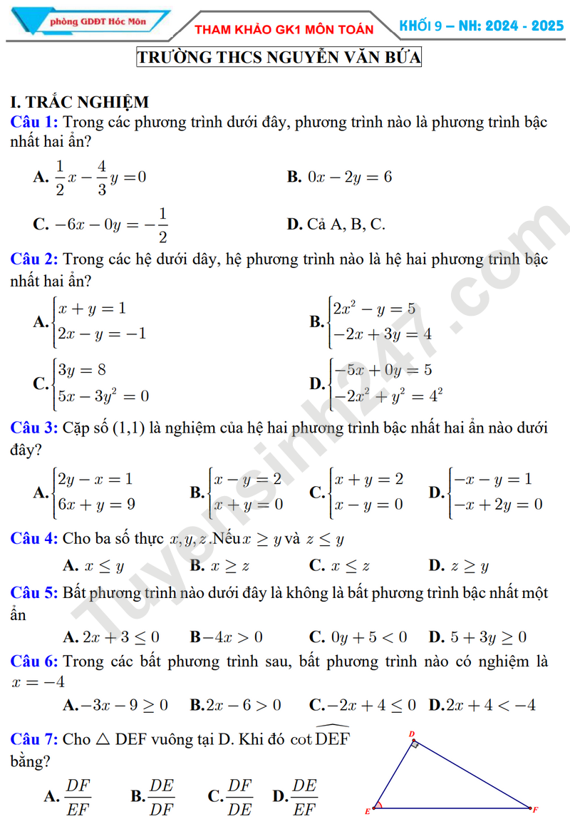 De thi giua HK1 lop 9 mon Toan - THCS Nguyen Van Bua 2024 (De minh hoa)