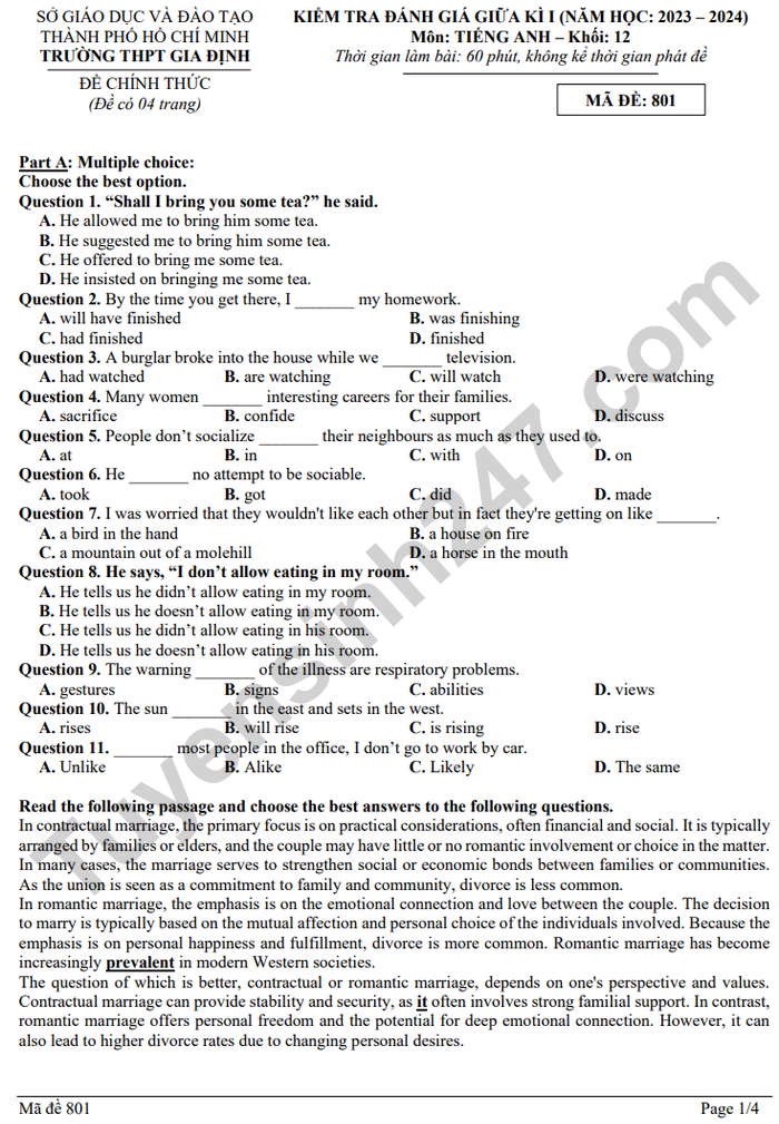 De thi giua hoc ki 1 lop 12 mon Anh THPT Gia Dinh 2024 (co dap an)