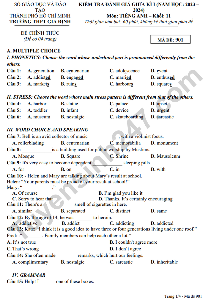 De thi giua ki 1 mon Anh 11 THPT Gia Dinh 2024 - Co dap an