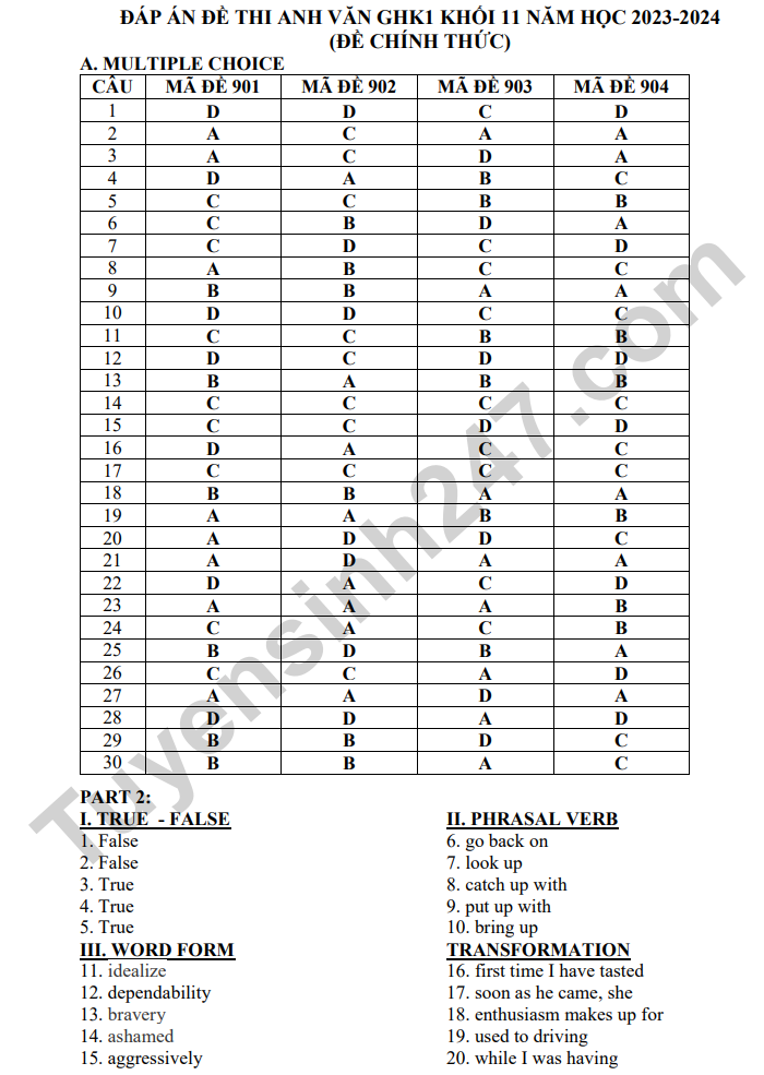 De thi giua ki 1 mon Anh 11 THPT Gia Dinh 2024 - Co dap an