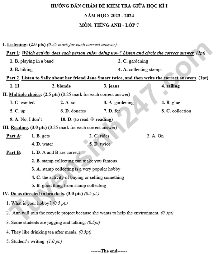 De kiem tra giua ki 1 lop 7 mon Anh 2024 - THCS Ly Thuong Kiet (co dap an)