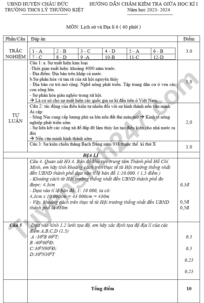 De thi giua ki 1 lop 6 mon Lich su va Dia li 2024 - THCS Ly Thuong Kiet (co dap an)