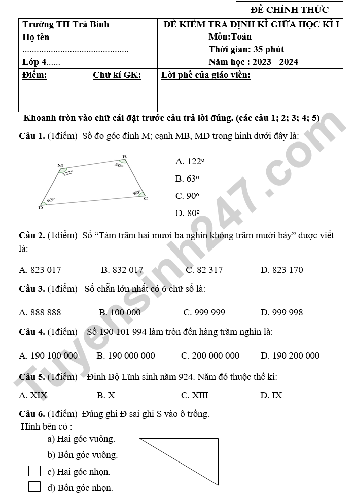 De kiem tra giua ki 1 mon Toan lop 4 - TH Tra Binh 2024