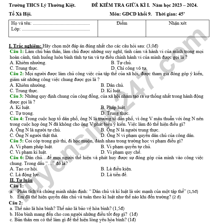 De thi giua ki 1 mon GDCD 9 THCS Ly Thuong Kiet 2024 (co dap an)