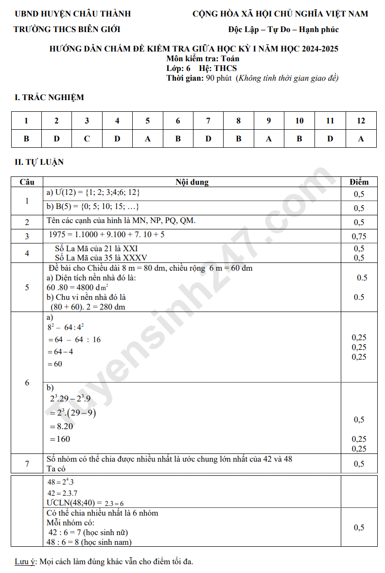 De thi giua ki 1 mon Toan lop 6 - THCS Bien Gioi 2024 (Co dap an)