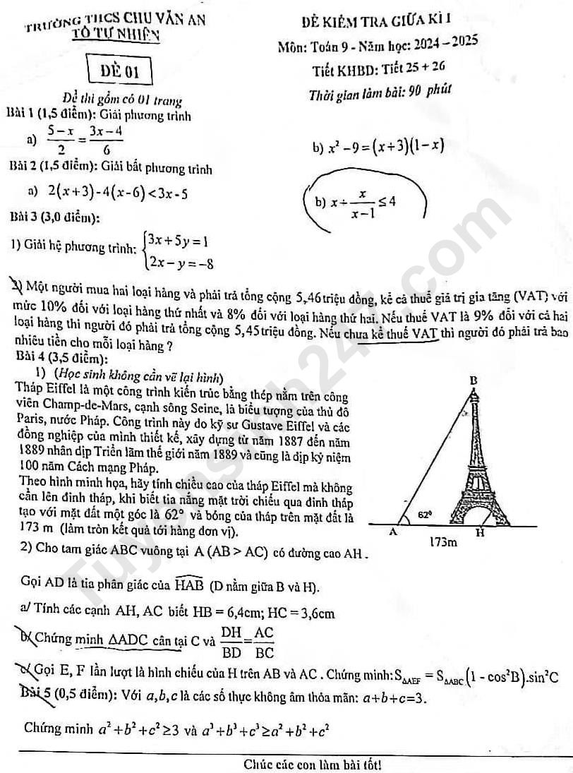 De thi giua ki 1 mon Toan lop 9 nam 2024 - THCS Chu Van An