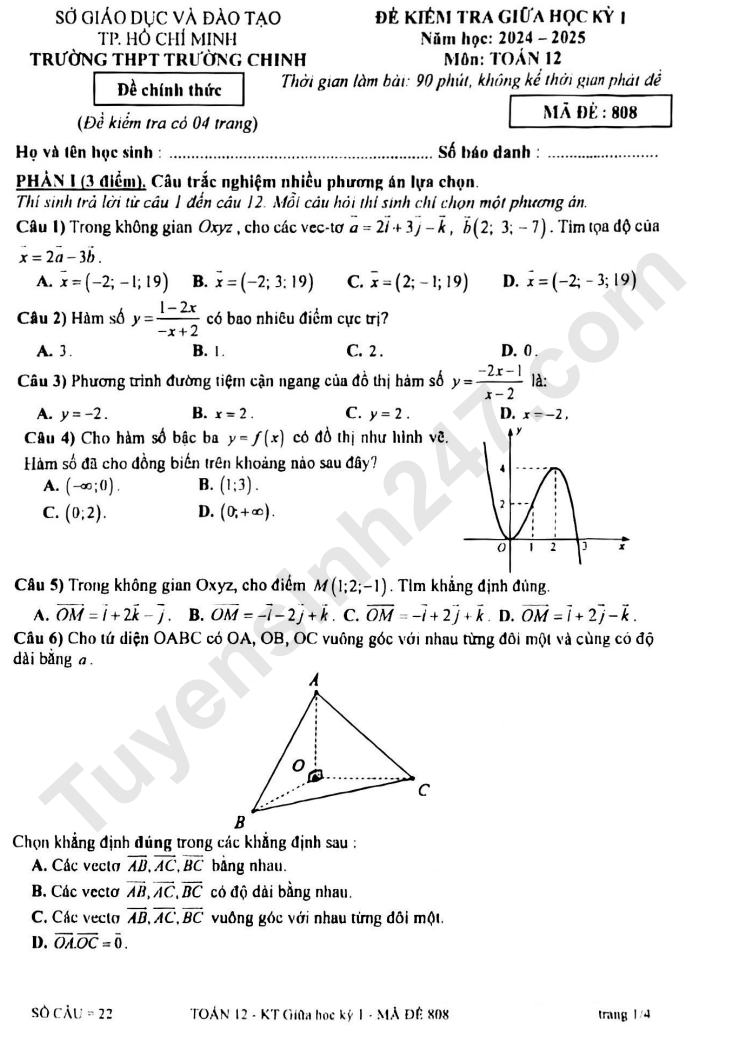 De thi giua ki 1 lop 12 mon Toan 2024 - THPT Truong Chinh