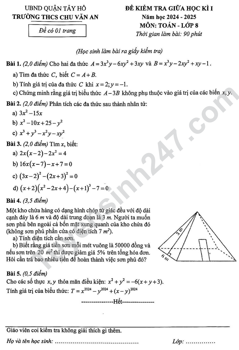 De thi giua HK1 mon Toan lop 8 - THCS Chu Van An 2024