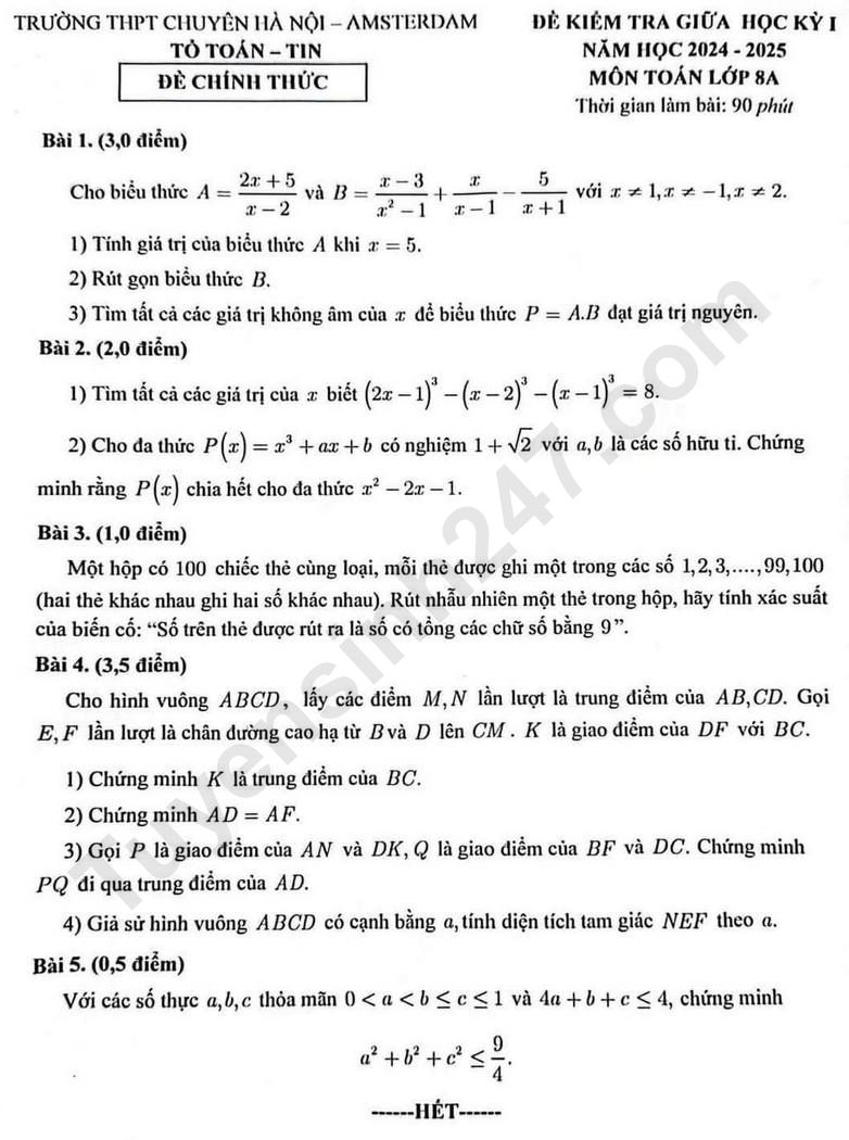 De thi giua ki 1 lop 8 mon Toan 2024 - Chuyen Amsterdam