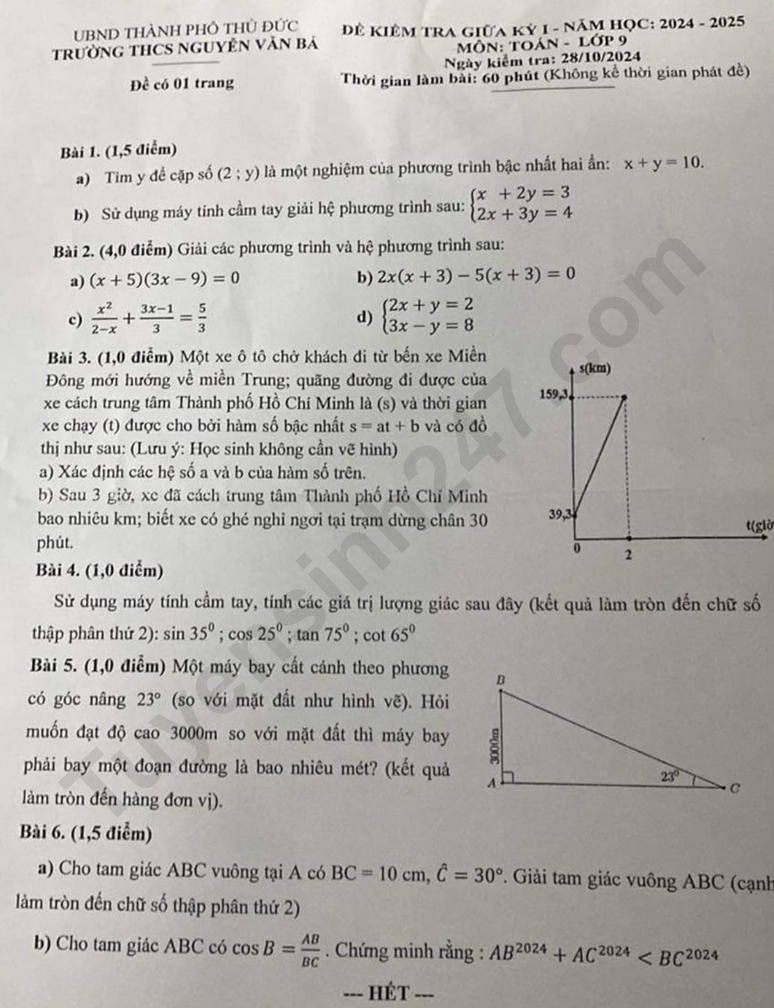 De thi giua ki 1 lop 9 mon Toan 2024 - THCS Nguyen Van Ba