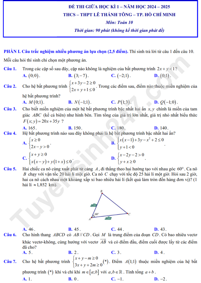 De thi giua ki 1 lop 10 mon Toan 2024 THPT Le Thanh Tong - Co dap an