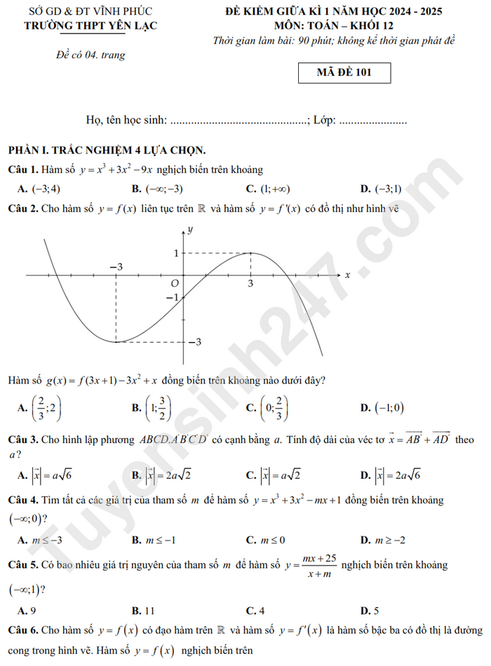 De thi giua ki 1 lop 12 mon Toan 2024 THPT Yen Lac - Co dap an