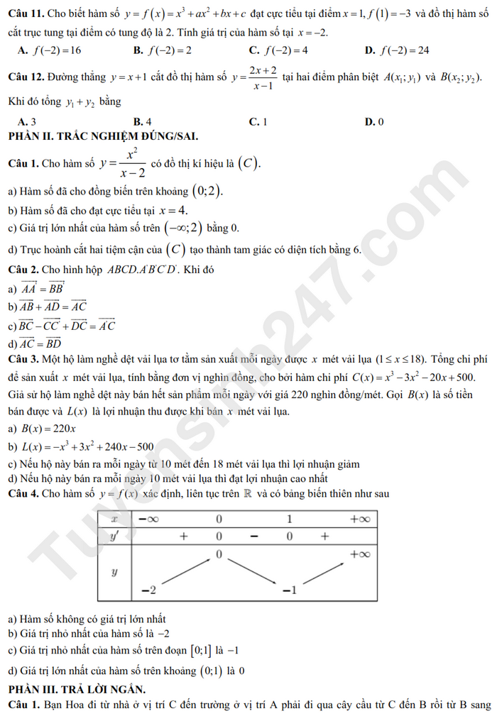 De thi giua ki 1 lop 12 mon Toan 2024 THPT Yen Lac - Co dap an