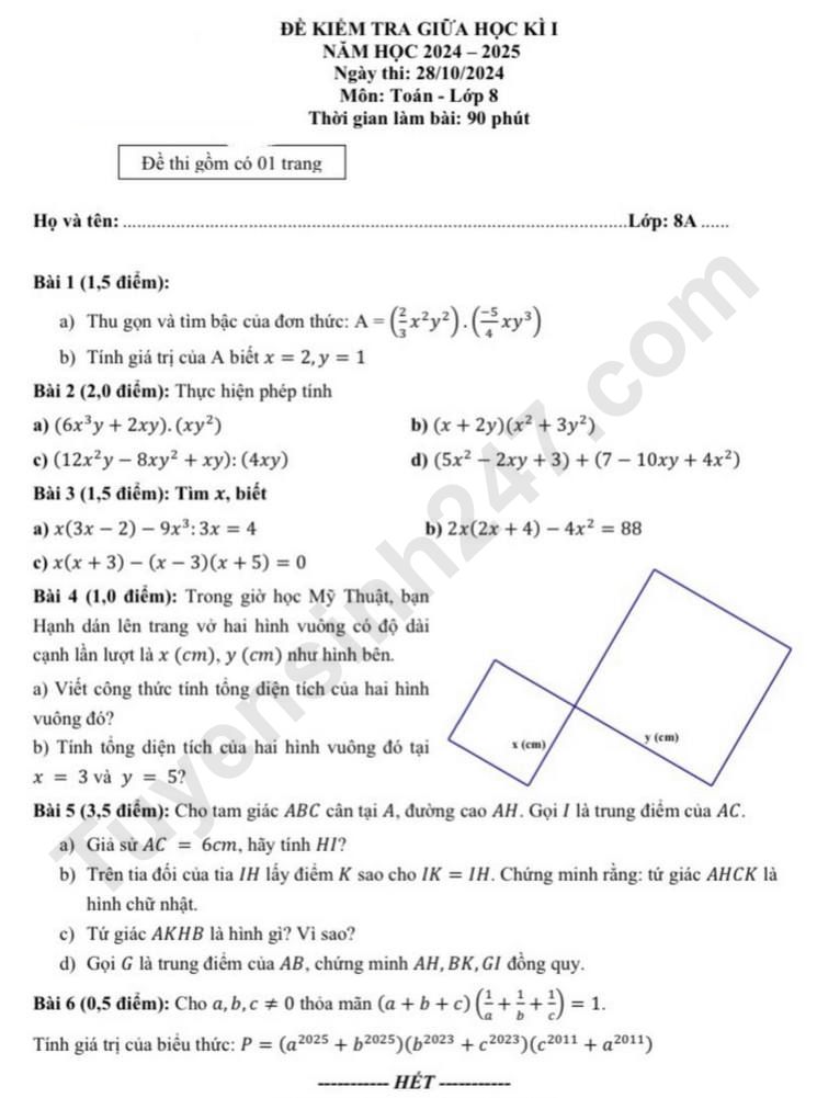 De thi giua ki 1 mon Toan 2024 lop 8 - THCS Nguyen Cong Tru