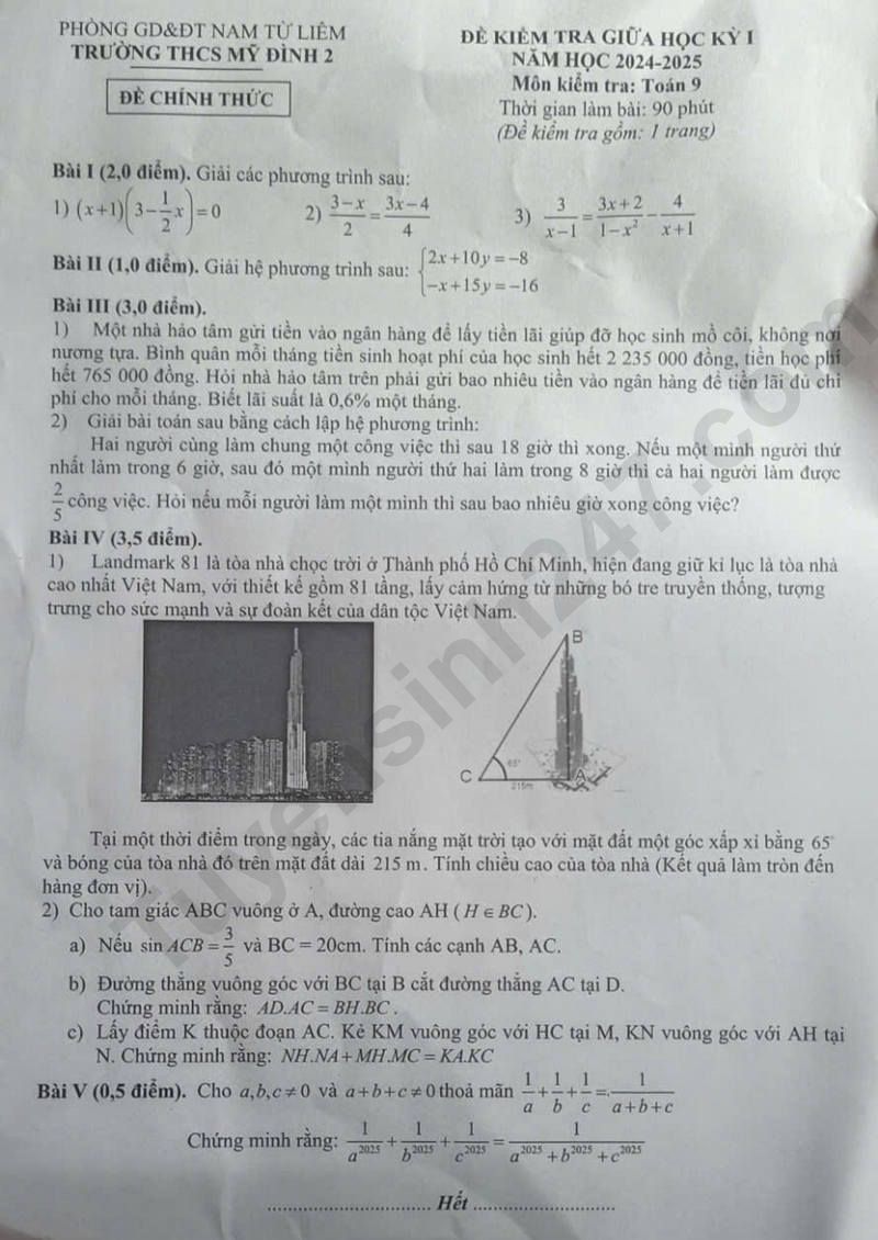 De thi giua HK1 lop 9 mon Toan nam 2024 - THCS My Dinh 2