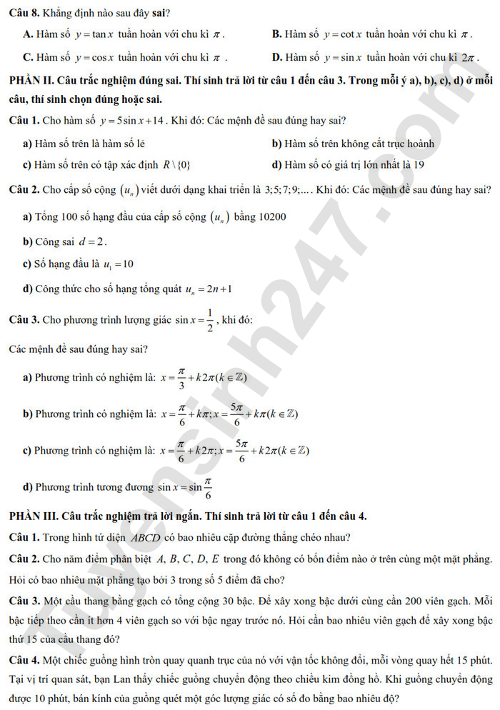 De thi giua ki 1 lop 11 mon Toan 2024 - THPT Bac Yen Thanh (Co dap an)