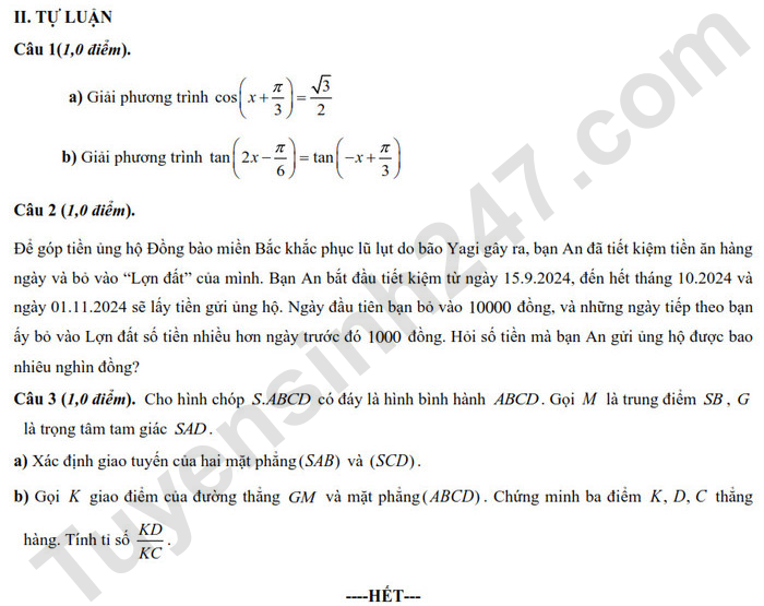 De thi giua ki 1 lop 11 mon Toan 2024 - THPT Bac Yen Thanh (Co dap an)