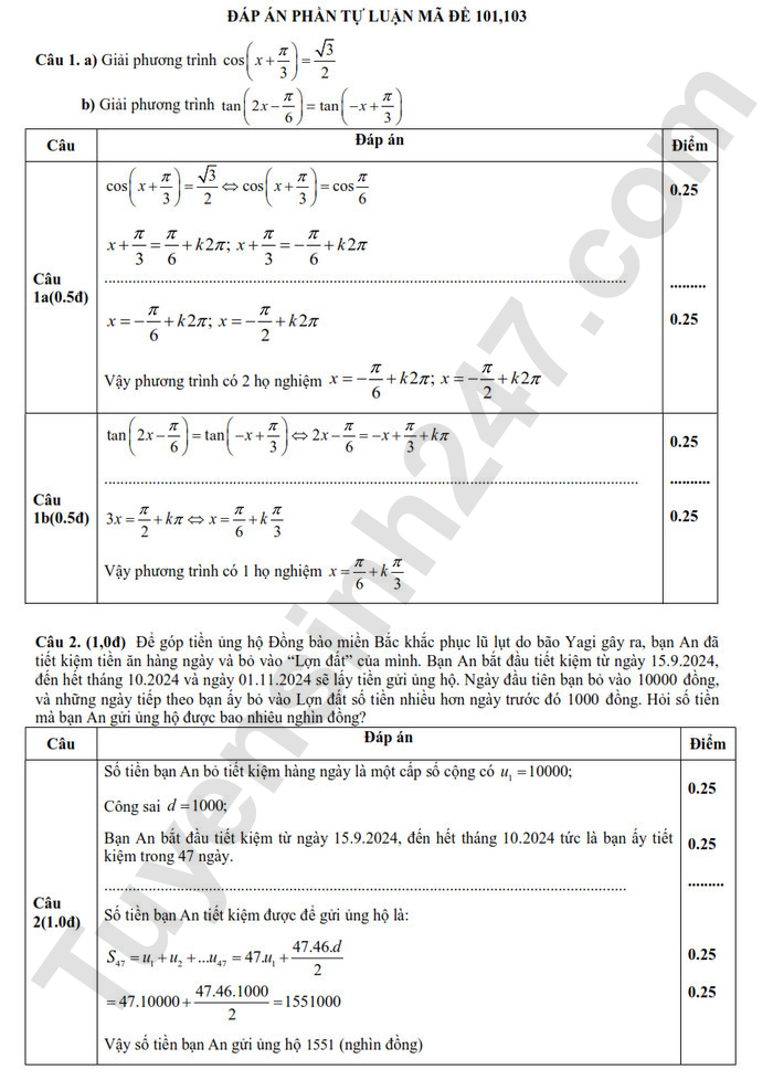 De thi giua ki 1 lop 11 mon Toan 2024 - THPT Bac Yen Thanh (Co dap an)