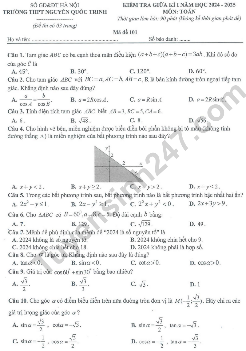 De thi giua ki 1 lop 10 mon Toan 2024 - THPT Nguyen Quoc Trinh