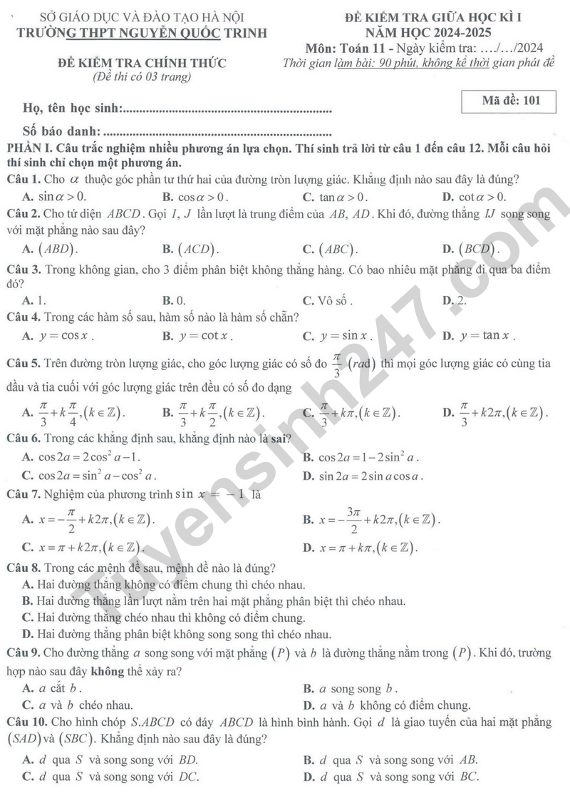De thi giua HK1 lop 11 mon Toan 2024 - THPT Nguyen Quoc Trinh