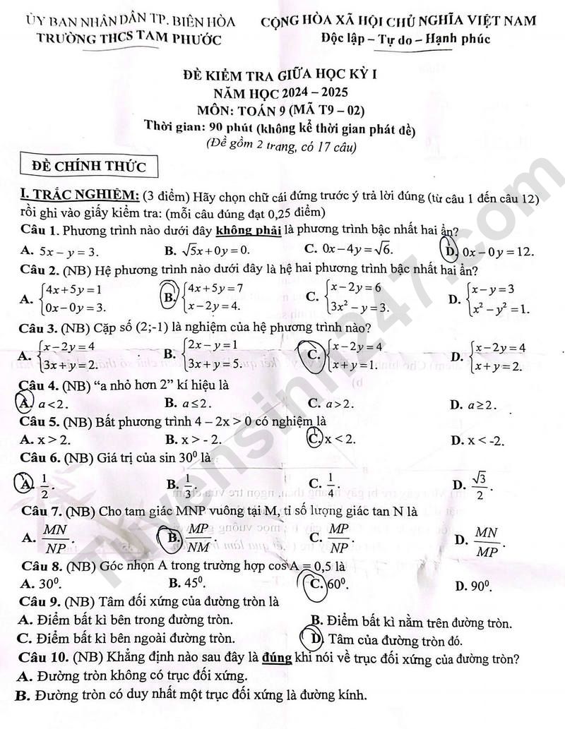 De thi giua ki 1 lop 9 mon Toan - THCS Tam Phuoc 2024