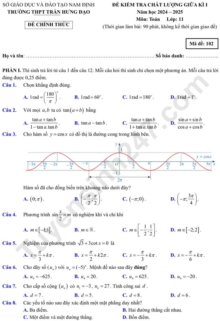 De thi giua ki 1 mon Toan lop 11 nam 2024 - THPT Tran Hung Dao