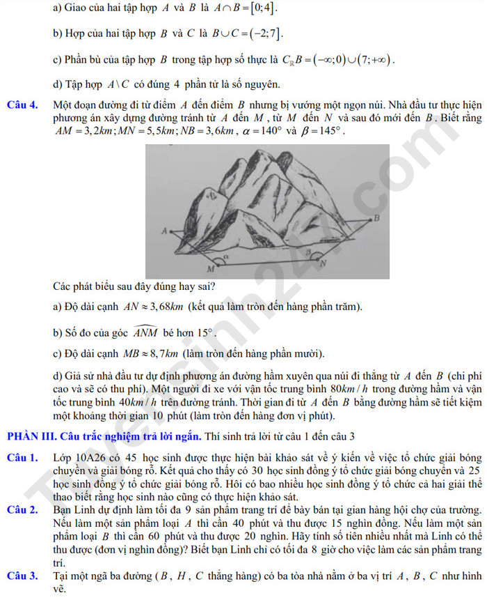 De thi giua HK1 lop 10 mon Toan 2024 - THPT Tay Thanh (Co dap an)