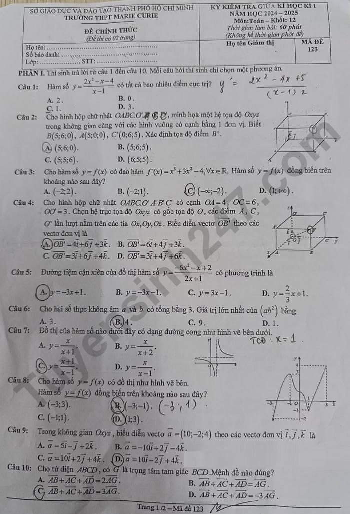 De thi giua ki 1 mon Toan lop 12 THPT Marie Curie 2024