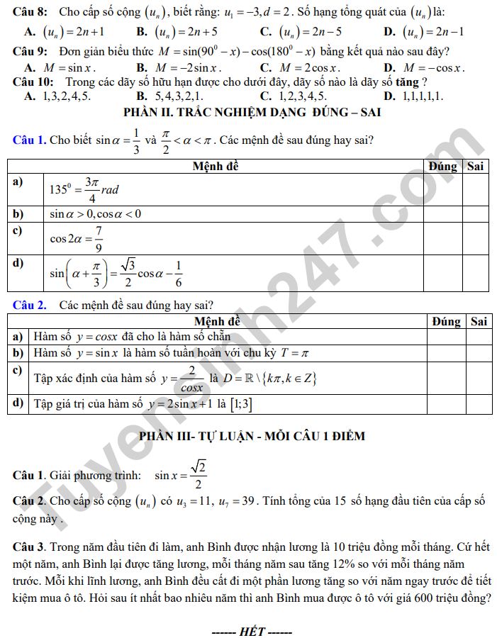 De kiem tra giua ki 1 Toan 11 THPT Huynh Thuc Khang 2024