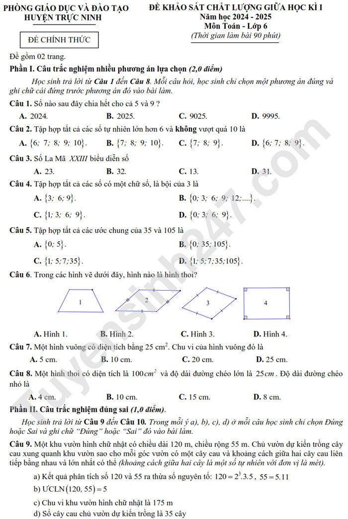 De thi giua HK1 lop 6 mon Toan 2024 - Phong GD huyen Truc Ninh