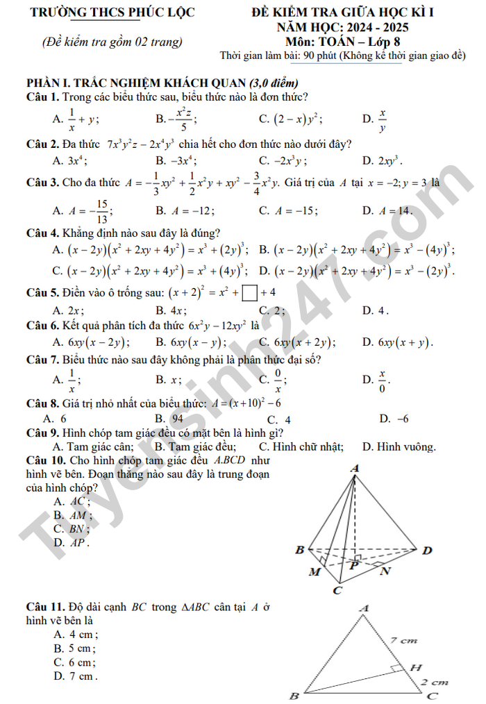 De thi giua ki 1 Toan 8 THCS Phuc Loc 2024 - Co dap an