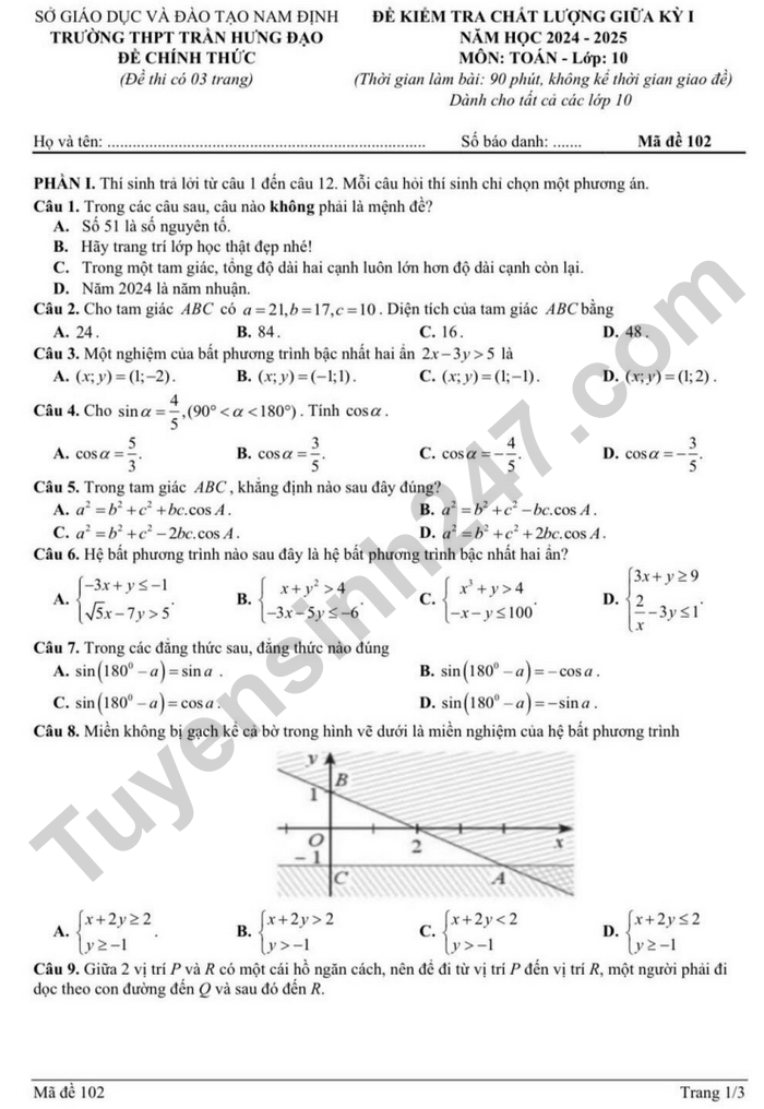 De thi giua ki 1 lop 10 mon Toan - THPT Tran Hung Dao 2024