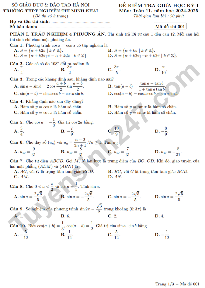 De thi giua ki 1 mon Toan 11 THPT Nguyen Thi Minh Khai 2024