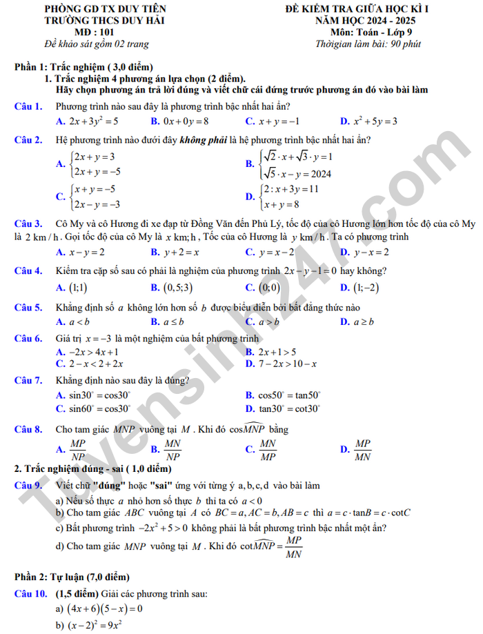 De thi giua ki 1 lop 9 mon Toan 2024 - THCS Duy Hai