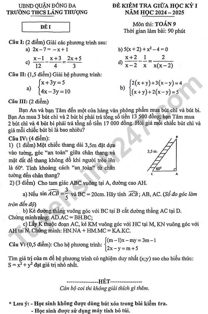 De kiem tra giua ki 1 lop 9 mon Toan 2024 - THCS Lang Thuong