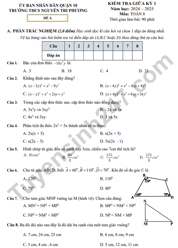 De kiem tra giua ki 1 lop 8 mon Toan 2024 - THCS Nguyen Tri Phuong (co dap an)
