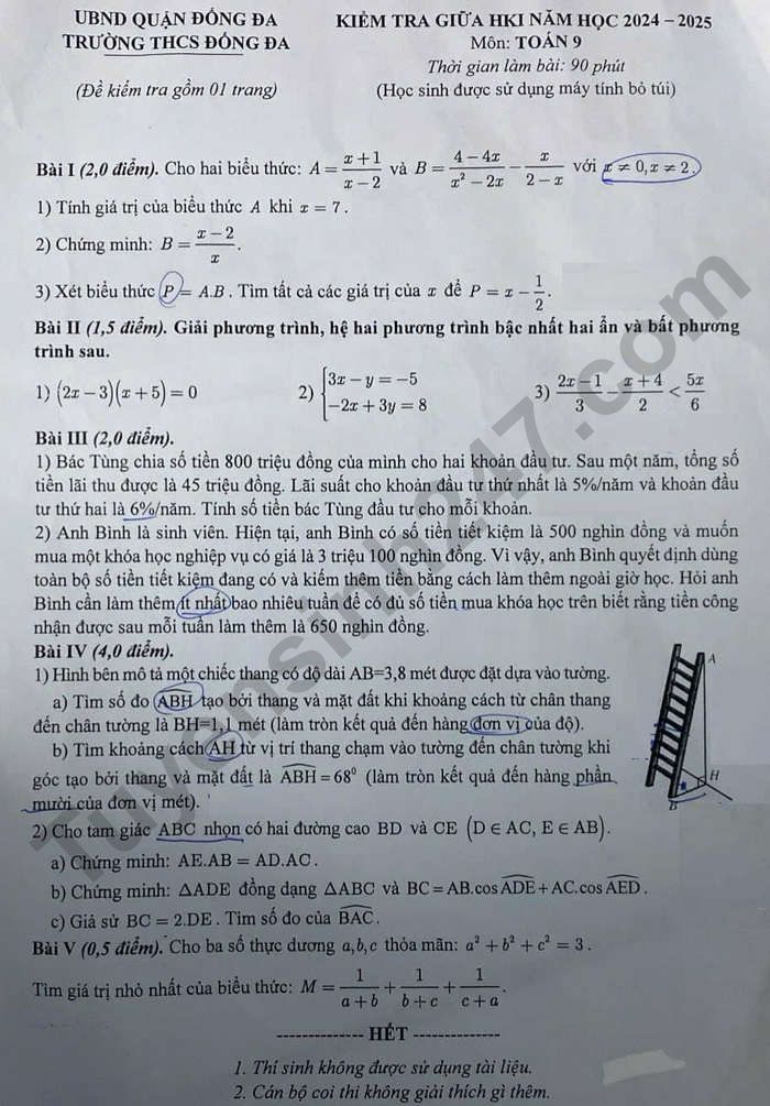 De kiem tra giua HK1 mon Toan 9 THCS Dong Da 2024