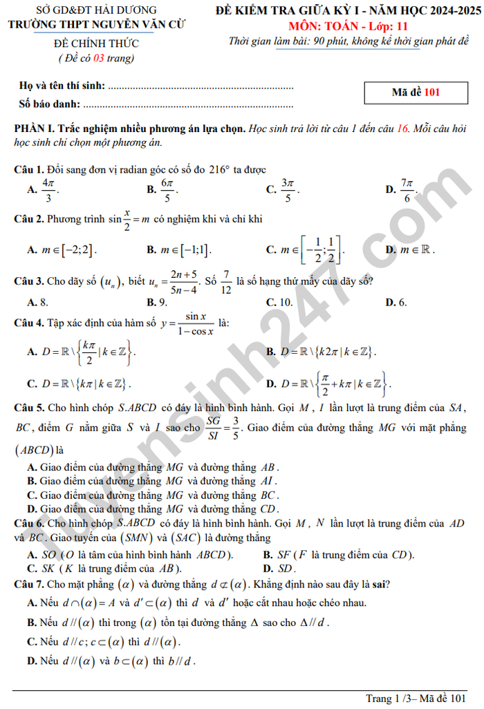 De kiem tra giua ki 1 Toan lop 11 THPT Nguyen Van Cu 2024