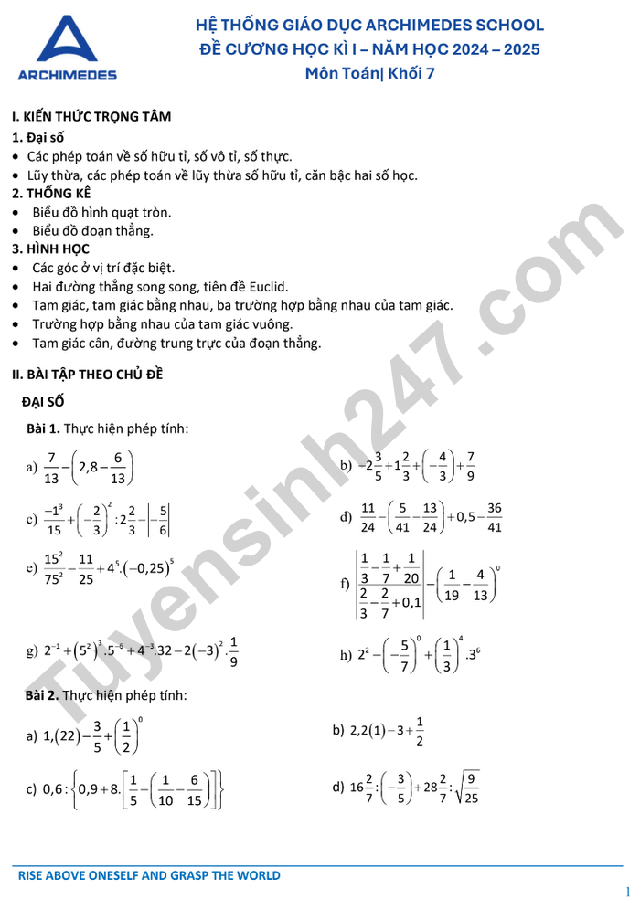 De cuong hoc ki 1 mon Toan lop 7 - Archimedes school 2024