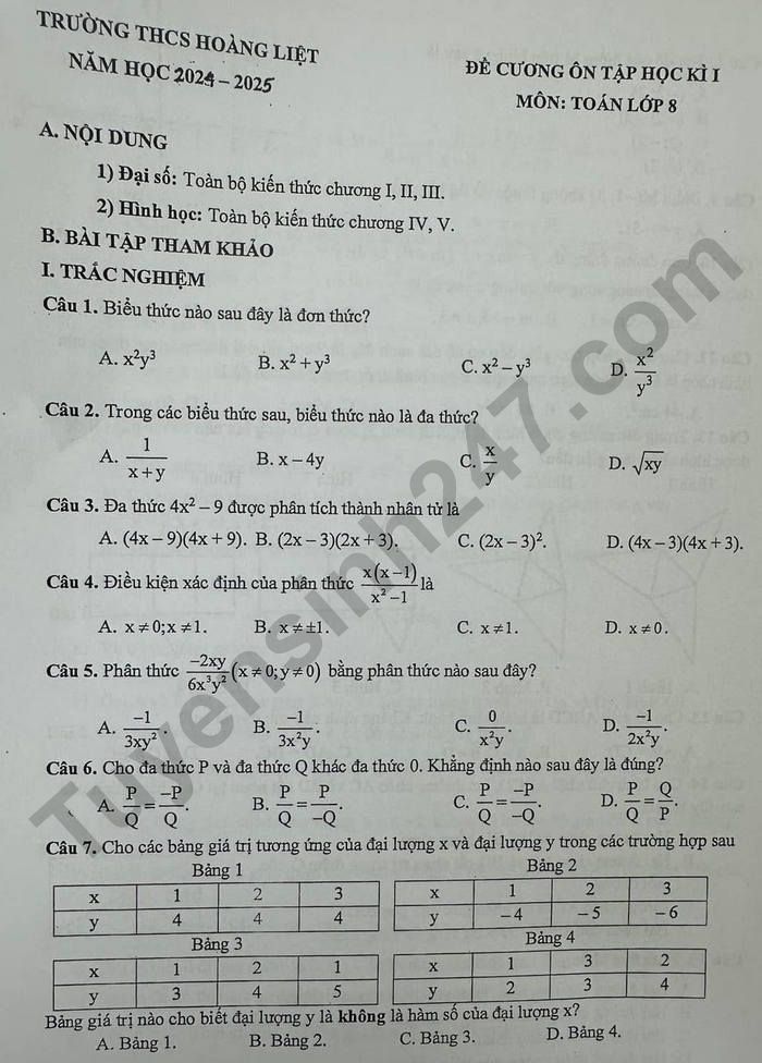 De cuong on tap ki 1 Toan lop 8 THCS Hoang Liet 2024
