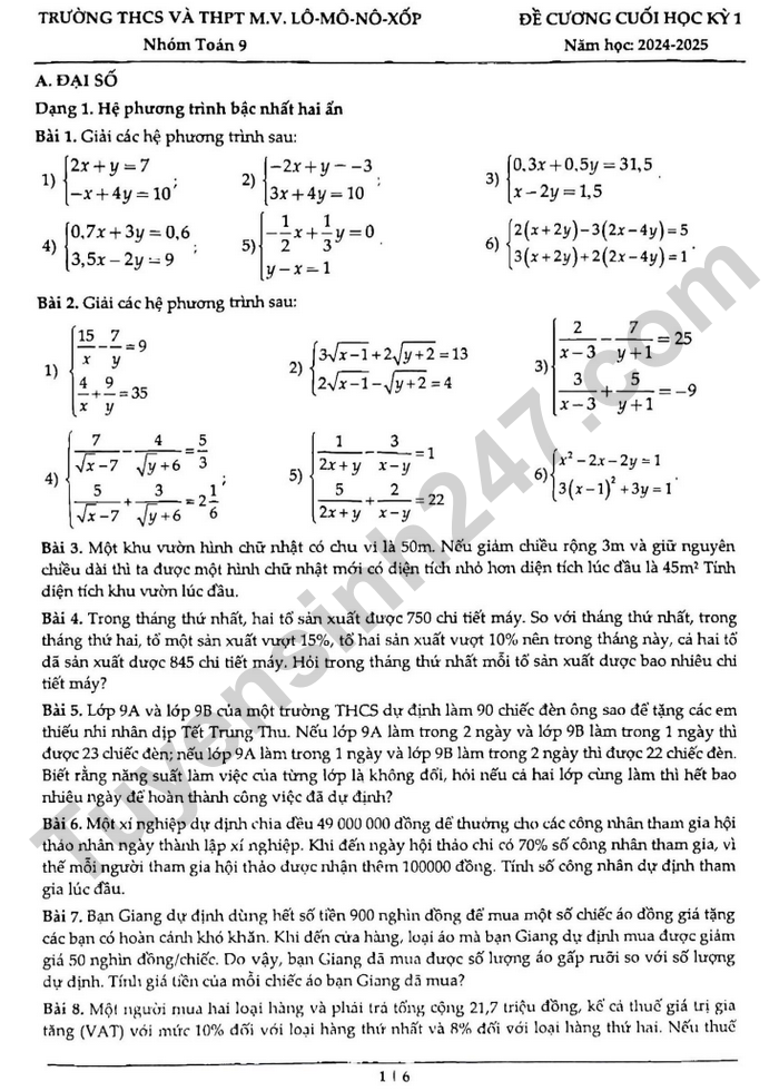 De cuong hoc ki 1 mon Toan 9 - THCS va THPT M.V.Lomonoxop 2024