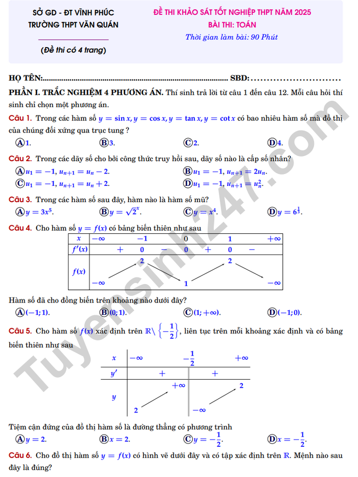 De thi thu tot nghiep THPT 2025 mon Toan - THPT Van Quan