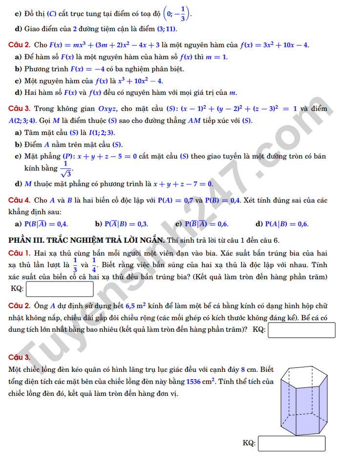 De thi thu tot nghiep THPT 2025 mon Toan - THPT Van Quan