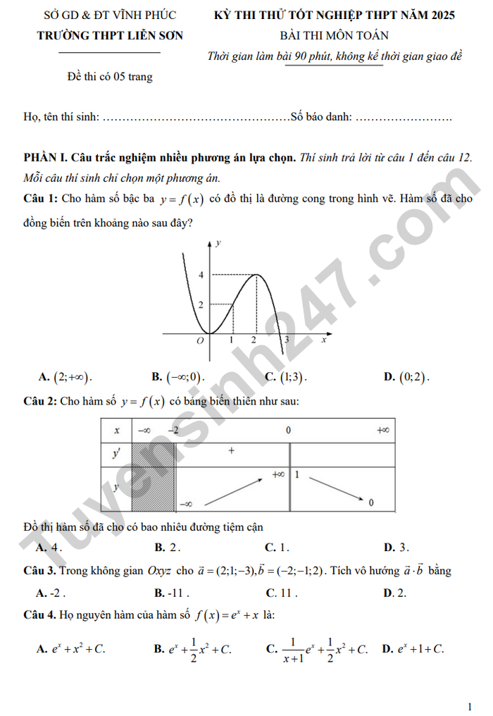 De thi thu tot nghiep THPT 2025 mon Toan - THPT Lien Son