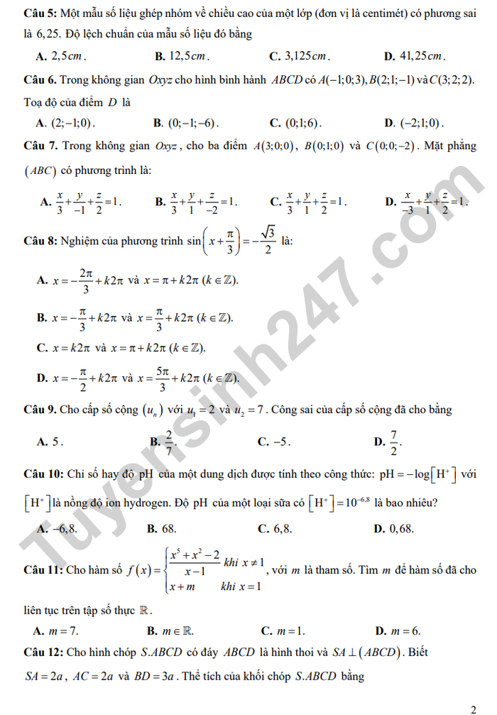 De thi thu tot nghiep THPT 2025 mon Toan - THPT Lien Son