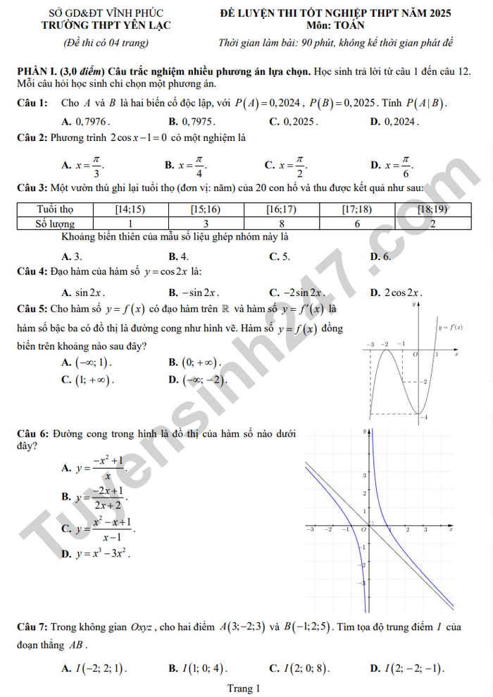 De thi thu tot nghiep THPT 2025 THPT Yen Lac - mon Toan